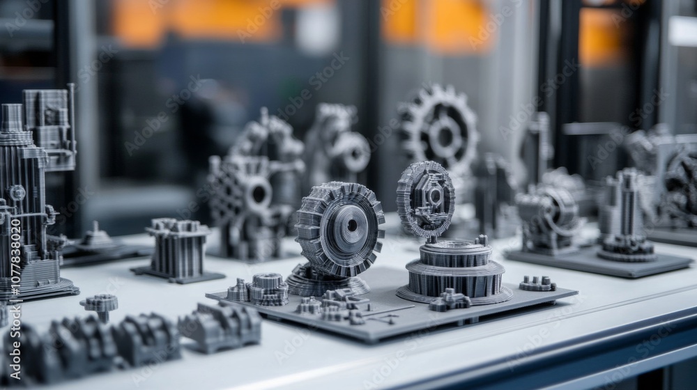 3D Printed Mechanical Gears and Components on a Display Table 3D Printed Mechanical Gears and Components on a Display Table