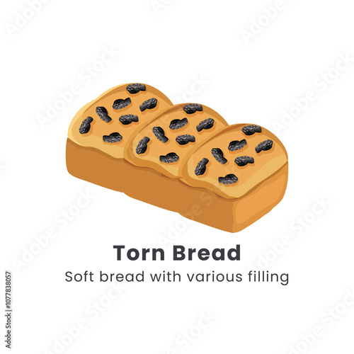 Hand drawn vector illustrator of Roti sobek or Torn bread or Roti kasur. Soft bread filled with chocolate, cheese, jam and nuts