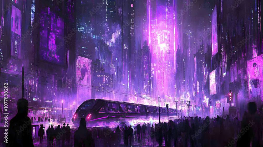 Purple Cityscape Illustration with Train and Silhouettes Purple Cityscape Illustration with Train and Silhouettes