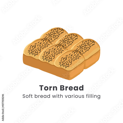 Hand drawn vector illustrator of Roti sobek or Torn bread or Roti kasur. Soft bread filled with chocolate, cheese, jam and nuts