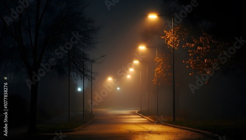 Foggy Night Street Illuminated by Streetlights