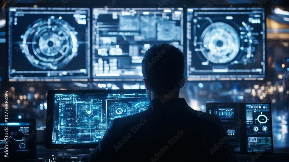 A Man in a Dark Room Focused on Multiple Monitors Displaying Tech Data A Man in a Dark Room Focused on Multiple Monitors Displaying Tech Data