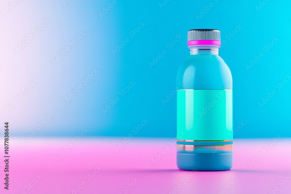 Blue Water Bottle on Pink and Blue Gradient Background. Blue Water Bottle on Pink and Blue Gradient Background.