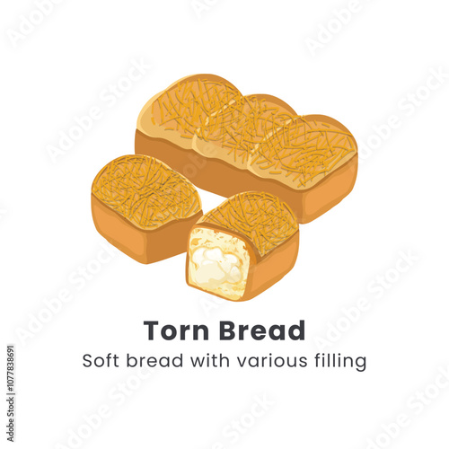 Hand drawn vector illustrator of Roti sobek or Torn bread or Roti kasur. Soft bread filled with chocolate, cheese, jam and nuts