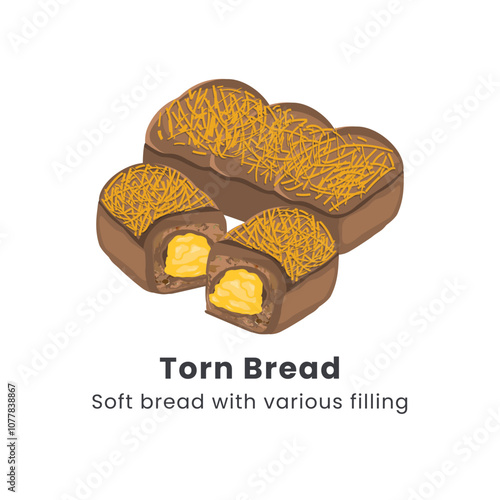 Hand drawn vector illustrator of Roti sobek or Torn bread or Roti kasur. Soft bread filled with chocolate, cheese, jam and nuts