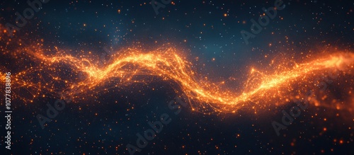 Abstract digital art of a glowing, wavy, orange stream of light against a dark background of scattered, glowing particles.