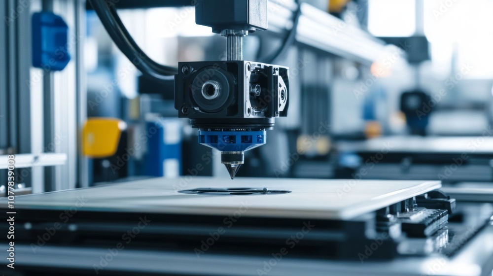 Close-up of a 3D printer nozzle about to print on a platform Close-up of a 3D printer nozzle about to print on a platform