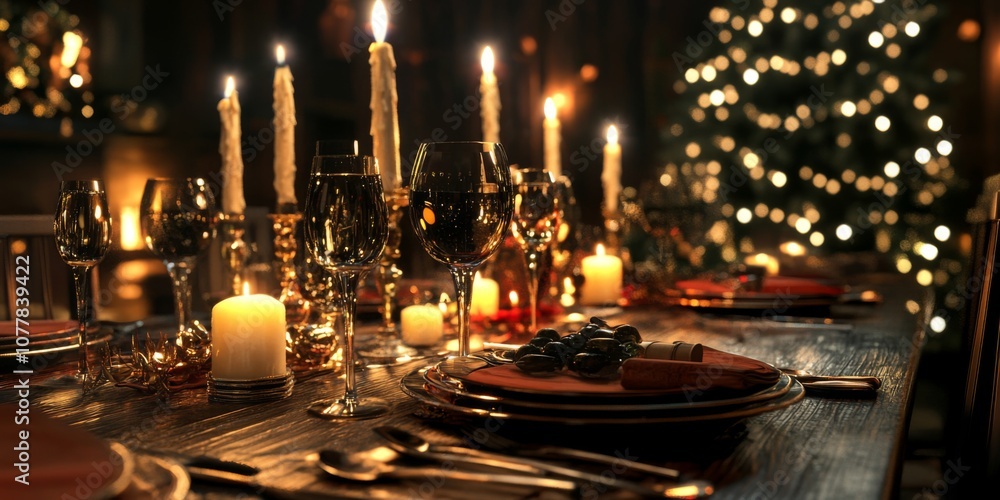 Festive New Year Eve dinner table with candles and fine wine,space for text Festive New Year Eve dinner table with candles and fine wine,space for text