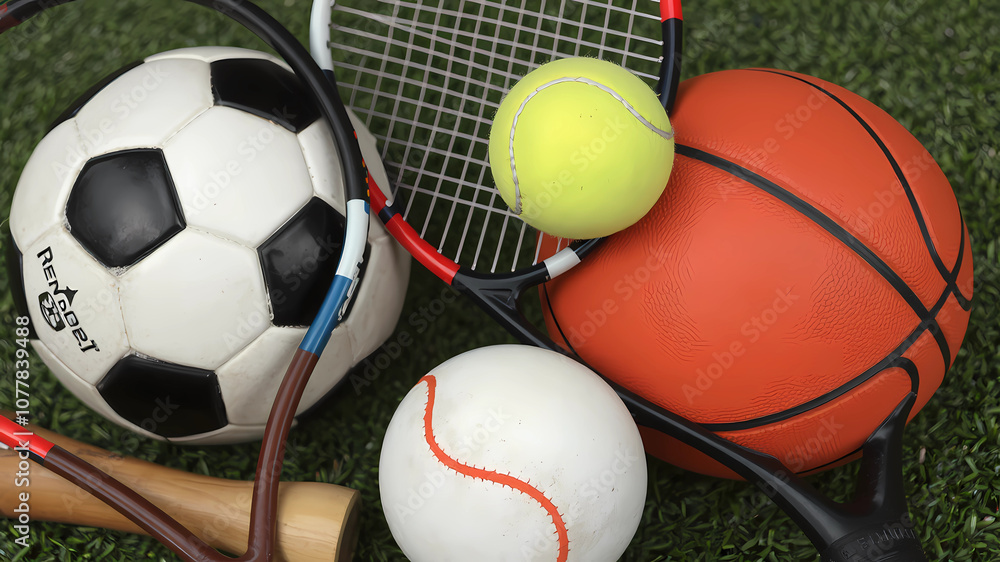 Create an image featuring a soccer ball, a basketball, a racket, and a tennis ball placed side by side. The objects should be arranged in a visually appealing manner, highlighting the diversity of spo Create an image featuring a soccer ball, a basketball, a racket, and a tennis ball placed side by side. The objects should be arranged in a visually appealing manner, highlighting the diversity of spo