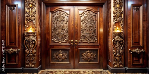 A grand double door with intricate golden carvings, framed by rich wooden panels and ornate details, inviting entry into a world of luxury and elegance.