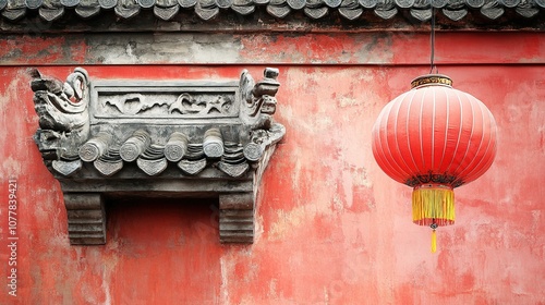 abstract advertising background featuring a traditional Chinese architectural eave on the left side, complemented by festive red lanterns against a vibrant celebratory backdrop, providing ample negati photo