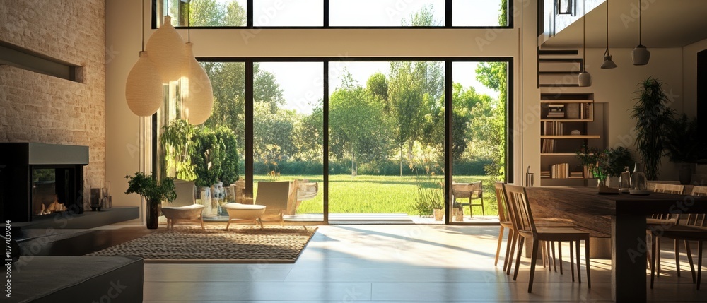 Modern living room with large windows overlooking a lush green backyard. Modern living room with large windows overlooking a lush green backyard.
