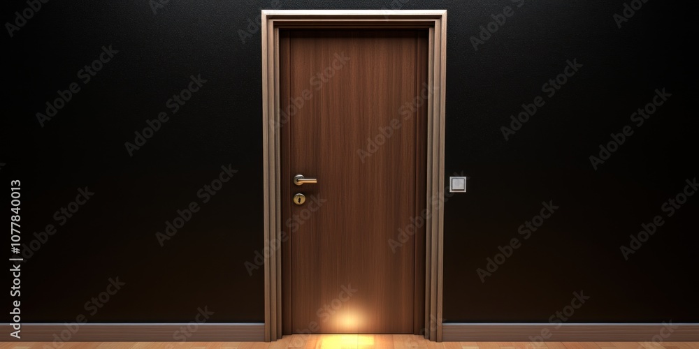 A closed wooden door with a light at the bottom, set against a dark wall. A closed wooden door with a light at the bottom, set against a dark wall.