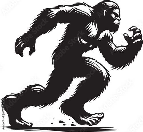 Bigfoot silhouette with an exaggerated running stance looking back in fear