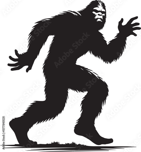 Bigfoot silhouette with an exaggerated running stance looking back in fear