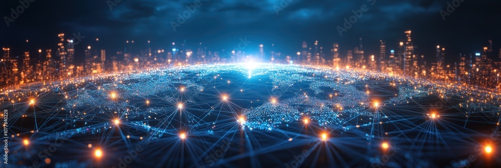 Obraz premium Digital representation of a global network with glowing connections and data points.