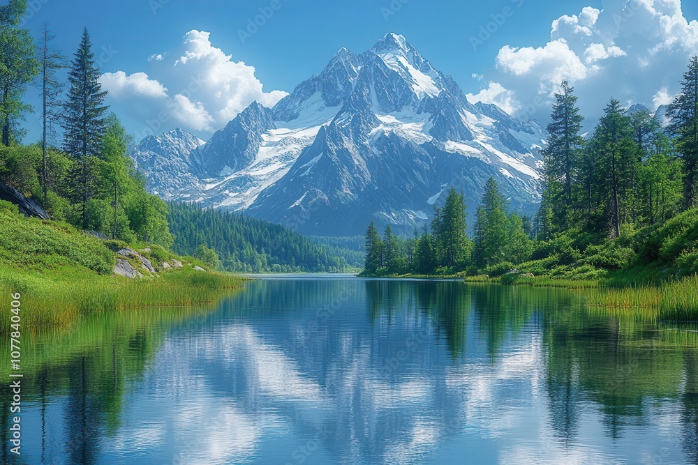 crystal clear lake reflecting tall snowcapped mountains under a bright blue sky encapsulating the beauty of natures untouched landscapes creating a sense of peace and serenity crystal clear lake reflecting tall snowcapped mountains under a bright blue sky encapsulating the beauty of natures untouched landscapes creating a sense of peace and serenity
