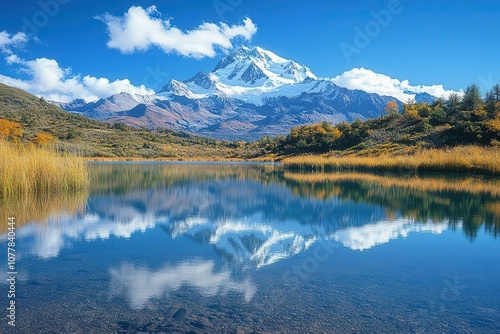 crystal clear lake reflecting tall snowcapped mountains under a bright blue sky encapsulating the beauty of natures untouched landscapes creating a sense of peace and serenity