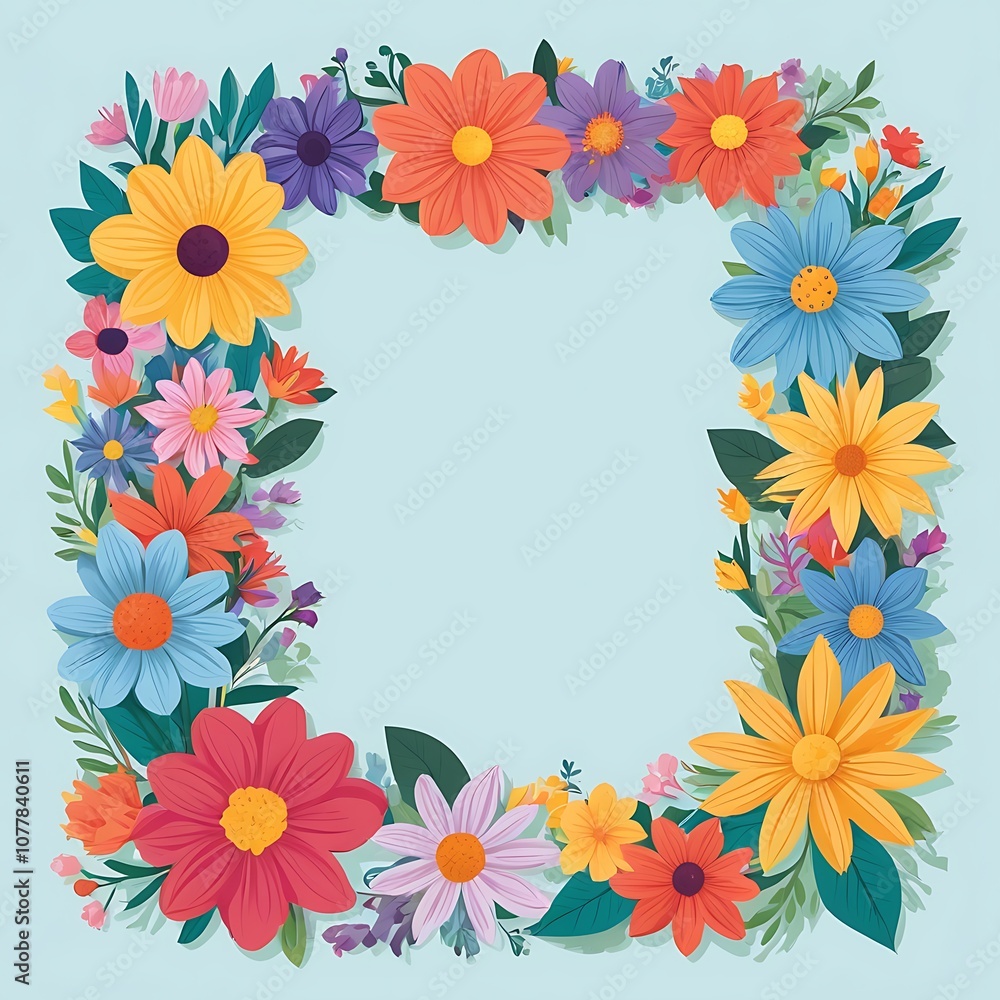 Colorful Flower Frame with a Light Blue Background Colorful Flower Frame with a Light Blue Background