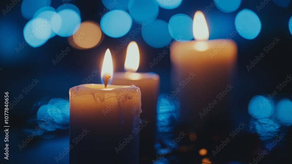 Three white candles burning brightly with blue bokeh lights in the background. Three white candles burning brightly with blue bokeh lights in the background.