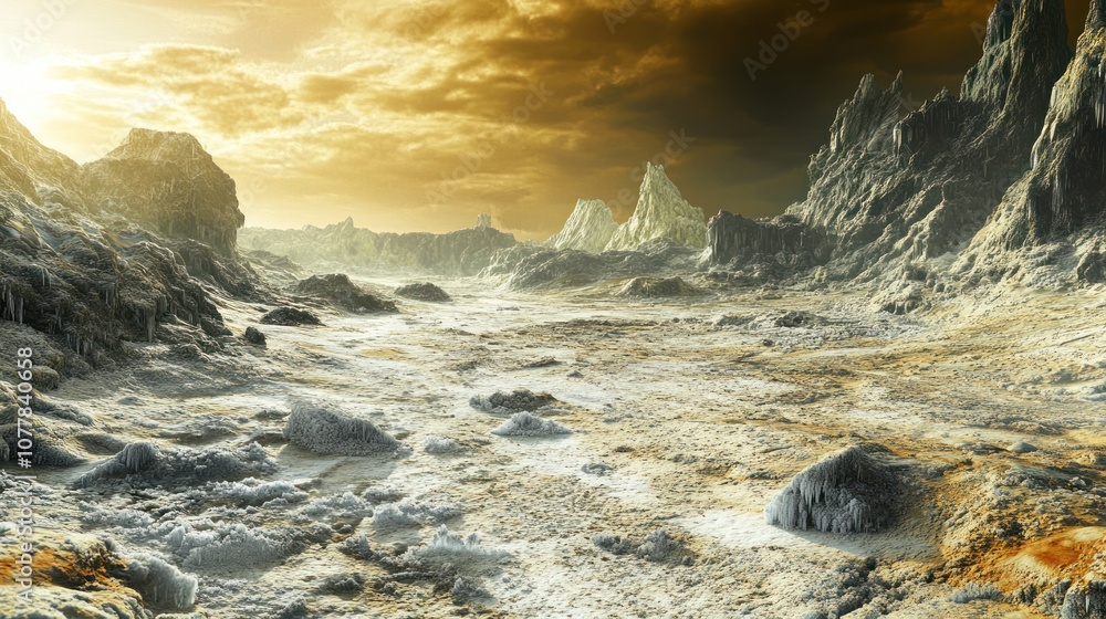 Obraz premium A surreal alien landscape with rocky formations and a dramatic sky.