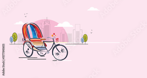 Colorful rickshaw illustration template . Illustration of cycle Rickshaw illustration in the city road. for t shirt, banner, poster
