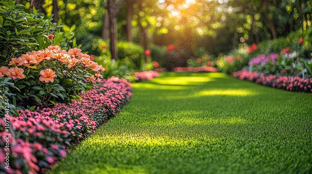 A vibrant garden path lined with colorful flowers and lush green grass in sunlight. A vibrant garden path lined with colorful flowers and lush green grass in sunlight.