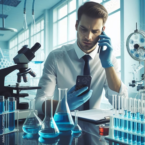 Science Lab In a lab a businessman uses his smartphone to record photo