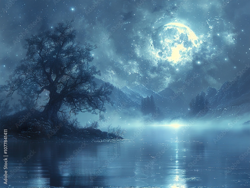 Serene Moonlight Landscape: A Tranquil Night Scene with a Lake, Mountains and a Starry Sky Serene Moonlight Landscape: A Tranquil Night Scene with a Lake, Mountains and a Starry Sky