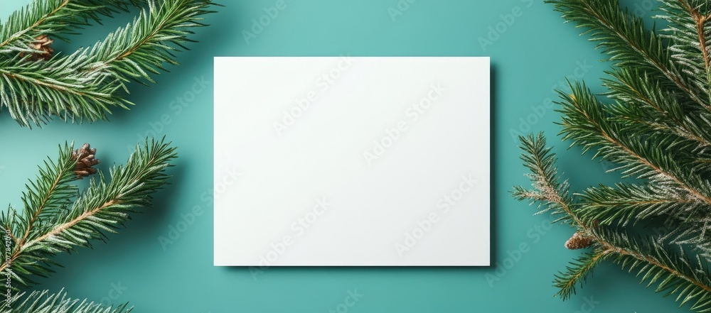 Blank Card Mockup with Frosted Pine Branches on Teal Background Blank Card Mockup with Frosted Pine Branches on Teal Background