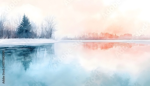 Wintery Watercolor Landscape with Trees Reflected in a Frozen Lake