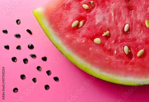 slice of watermelon with seeds pink triangle with black dots photo