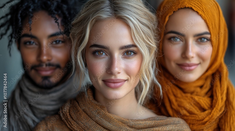 Three diverse individuals with warm expressions and cozy attire. Three diverse individuals with warm expressions and cozy attire.