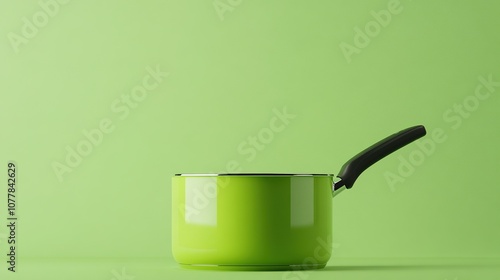 A minimalist image of a saucepan isolated against a solid green background. The bright green background makes the sleek shape of the saucepan stand out, emphasizing its simple and functional design.