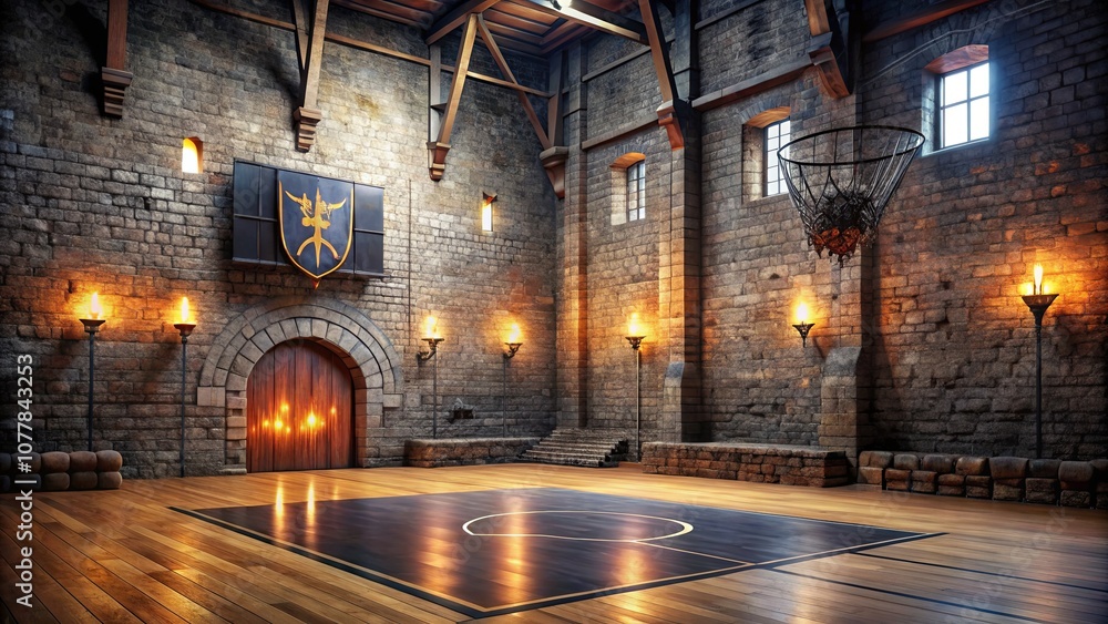 Majestic Gothic Basketball Court with Stone Walls, Dramatic Lighting, and Rustic Wooden Floor Set in a Medieval Castle Environment Majestic Gothic Basketball Court with Stone Walls, Dramatic Lighting, and Rustic Wooden Floor Set in a Medieval Castle Environment
