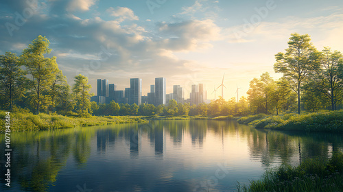 A vibrant cityscape at sunrise showcases a harmonious blend of nature and clean energy. Wind turbines and lush greenery reflect a sustainable future. photo