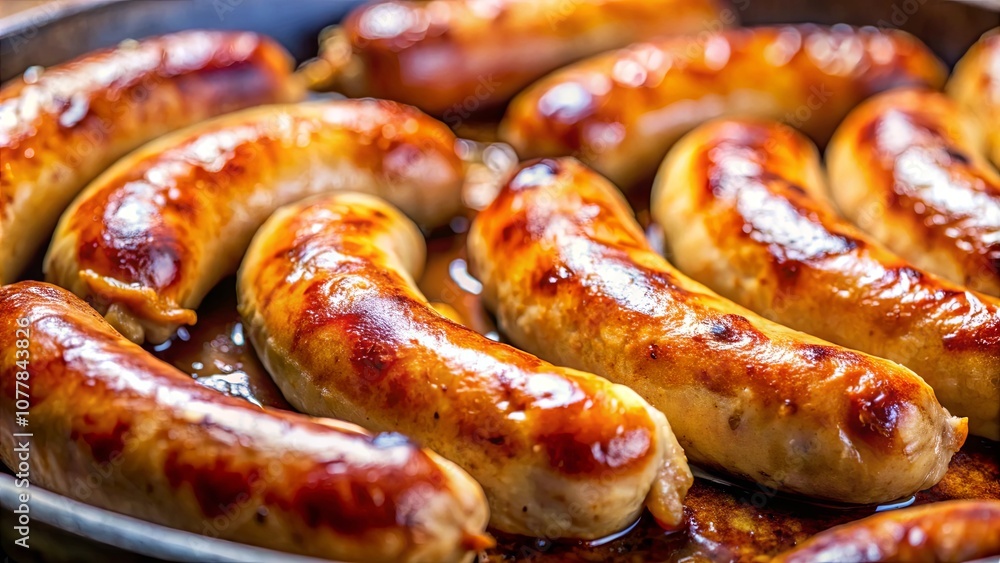 Fototapeta premium Golden Brown Sausages Glisten In a Pool of Rendered Fat, Ready For a Savory Meal