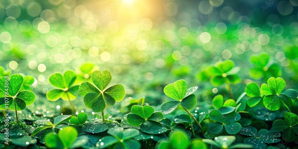 A Verdant Meadow Illuminated by Sunlight, a Symphony of Lush Green Clover Leaves Glistening with Dew Drops, Embracing the Essence of Spring A Verdant Meadow Illuminated by Sunlight, a Symphony of Lush Green Clover Leaves Glistening with Dew Drops, Embracing the Essence of Spring