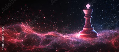 A single chess king piece stands out, surrounded by abstract glowing red and blue particles. photo