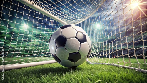 Dynamic Soccer Ball Approaching Goal in a Dramatic Night Scene with Bright Stadium Lights and Lush Green Grass in Background