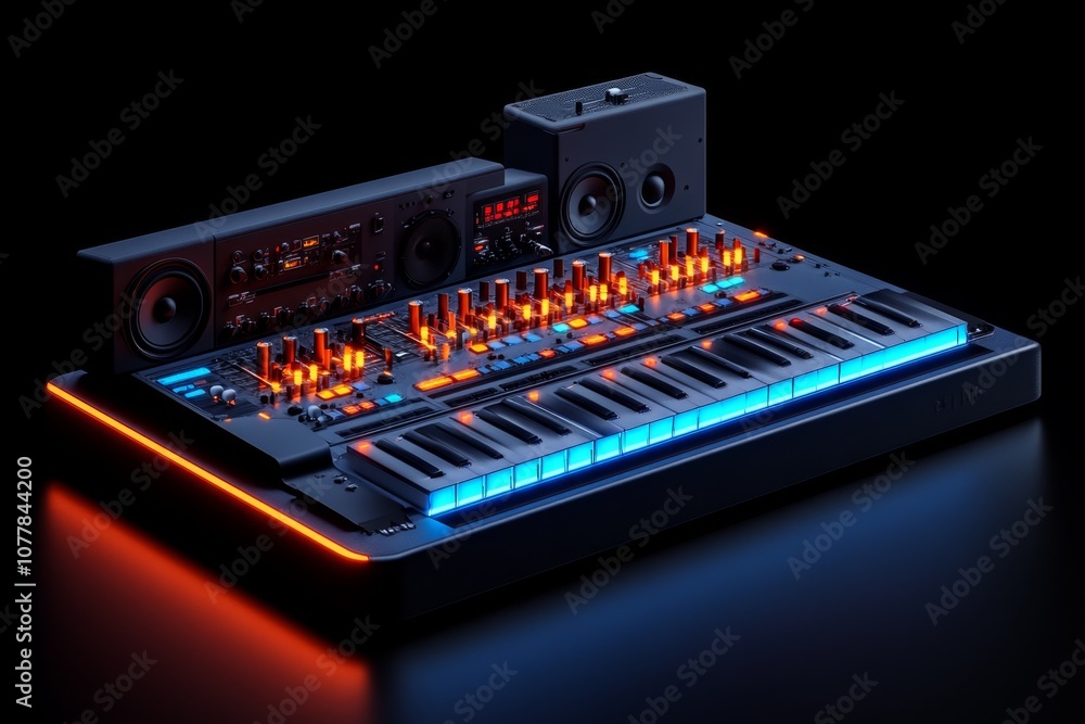 3D-rendered model of a music studio setup with modern equipment, colorful lighting, and sleek design 3D-rendered model of a music studio setup with modern equipment, colorful lighting, and sleek design
