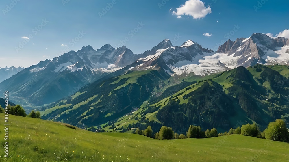 A Lush Green Valley Nestled Among Snow-Capped Mountains A Lush Green Valley Nestled Among Snow-Capped Mountains