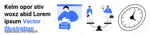 Cashback icon, business presentation with handshake, clock indicating time management. Ideal for e-commerce, business services, presentations, finance, project management, marketing campaigns
