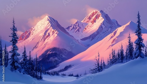 Snowy Mountain Peaks Bathed in Pink and Purple Light at Sunset