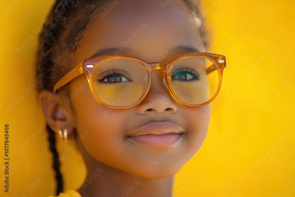 delightful portrait of a happy little african american girl wearing oversized eyeglasses captured against a solid yellow background radiating joy and curiosity