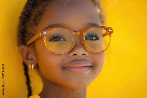 delightful portrait of a happy little african american girl wearing oversized eyeglasses captured against a solid yellow background radiating joy and curiosity