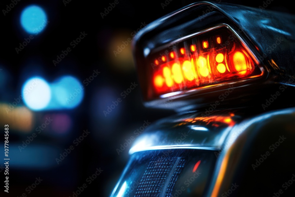 Close-up of a vehicle's warning light, illuminated in a dark setting. Close-up of a vehicle's warning light, illuminated in a dark setting.