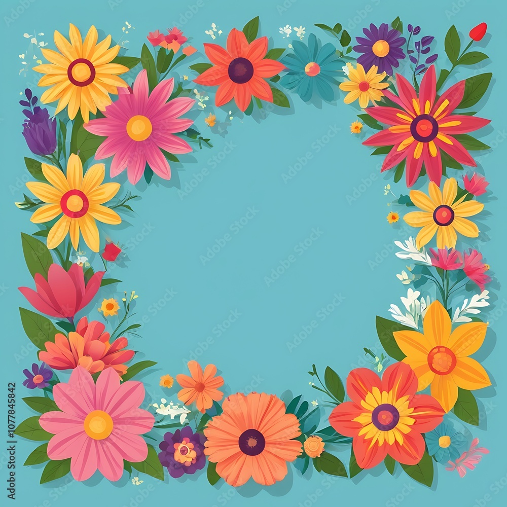 Colorful Flower Frame with Blue Background Colorful Flower Frame with Blue Background