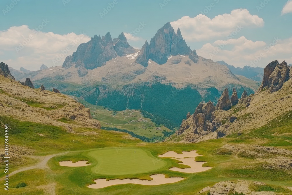A scenic golf course nestled in a valley surrounded by towering mountains. A scenic golf course nestled in a valley surrounded by towering mountains.
