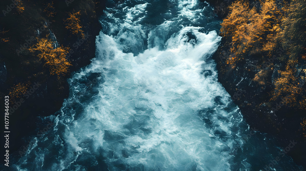 Fototapeta premium Aerial View of a Raging Waterfall with Foamy Water